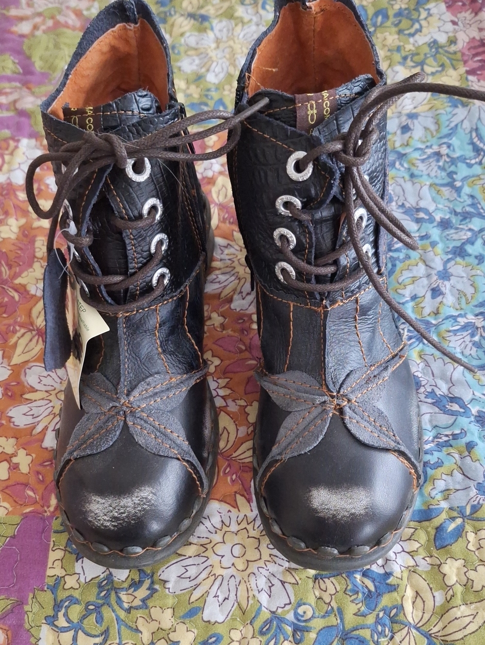 Women's  Black Lace-Up Floral Accent Boots